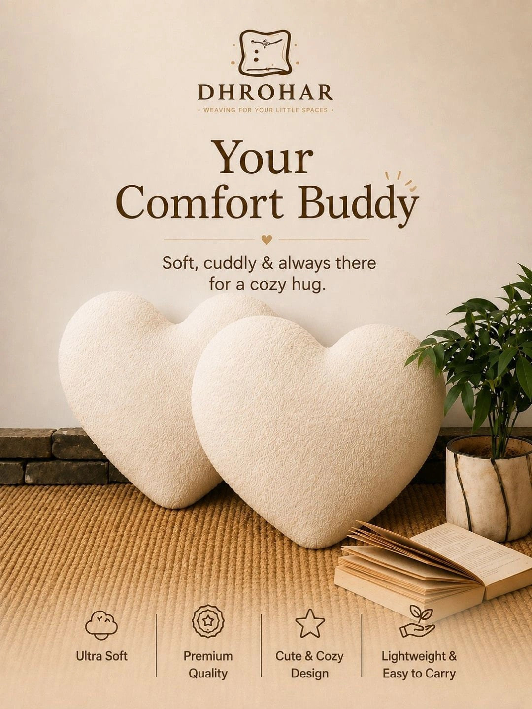 White heart shape cushions, set of 2